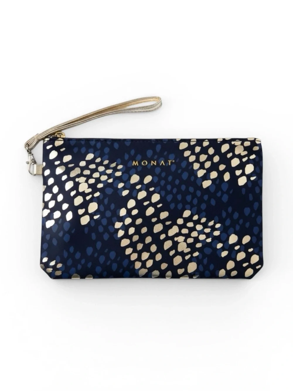 MONAT Wristlet Clutch Bag Navy Metallic Gold Dot Zip Pouch OS